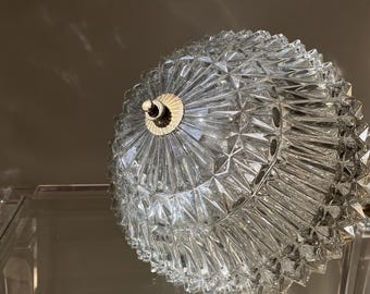 Large Vintage Cut Glass Ceiling Light – Heavy 3kg Crystal Style Globe Pendant – Starburst Pattern – Mid Century Brass Fixture