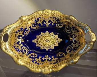 1941 Rosenthal Kunstabteilung Pompadour Cobalt Blue Gold 10" Oval Centrepiece Dish | Rare WWII German Porcelain Model 739/00| Mint
