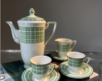Rare Art Deco Coffee Set 1930s Crown Devon ,Mint Green Geometric, Fieldings England Rd No 759111, Coffee pot Cups Milk Jug
