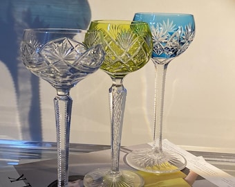 Antique Hand Cut-To-Clear Crystal Wine Glasses, Chartreuse Multi Air Twist Steam, Val Saint Lambert, Fritz Heckert Brilliant Cut Goblet