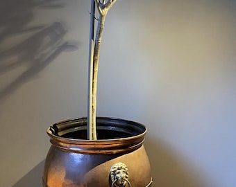 Antique Copper Coal Scuttle, Victorian Lion Head Bucket, English Country House Decor c1900