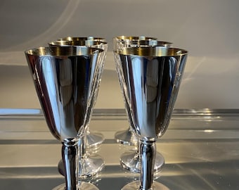 Vintage Casa Pupo Spain Silver Plated Goblets Set of 6, Gold Gilt Interior Wine Chalices, 1960s Mid-Century Barware