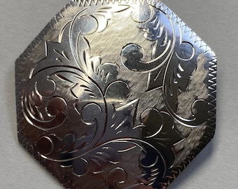 Vintage Sterling Silver Hand-Engraved  Dome Brooch, Thailand Craftsmanship, Victorian-Inspired Design, Octagonal Shape