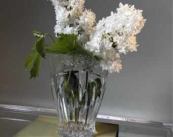Vintage German Lead Crystal Vase (c. 1990) – Cut Crystal Floral Etched Elegant Glass Decor