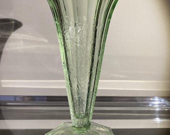 Rare Jeannette Poinsettia Uranium Glass Vase | Art Deco Depression Glass | UV Reactive Green Glass Trumpet Vase