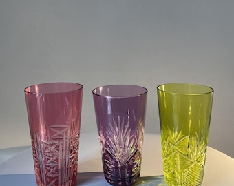 Exquisite Antique Cut-To-Clear Crystal Glasses | Cranberry, Amethyst and Reseda Lime Bohemian & French Style Tumblers | Whisky and Soda|