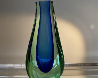 Mid Century Murano Sommerso Vase | Blue Green Hand Blown Italian Glass Sculptural Decor