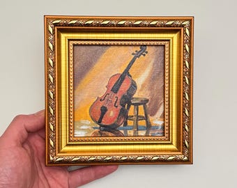 Cello Music Mini Oil Painting, 6 Inch Musical Instrument Wall Art, Small Framed Violin Decor, Classical Music Gift