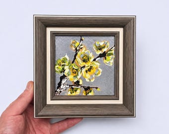 Pintura al óleo de rama en flor de 6 x 6 pulgadas, mini cuadro de arte floral para decoración de pared, arte minimalista de la naturaleza, hecho a mano.