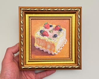 Hand-painted Framed Art, Original Oil Painting, 6x6 inch Canvas Artwork, Berry Cake Wall Decor, Dessert Lover Gift