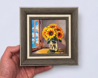 Original Oil Painting: Framed Sunflower Still Life, 6x6 Inch Canvas Wall Art