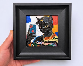 Funny Black Cat Oil Painting Hip Hop Style Pet Portrait Mini Art 6 Inch Framed Handmade Cat Selfie Painting Unique Wall Decor Gift