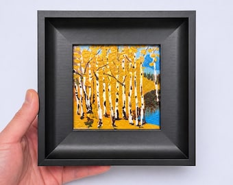 Hand-Painted Autumn Aspen Trees Oil Painting: Golden Forest Landscape, 6 Inch Framed Wall Art