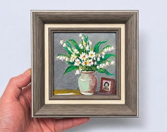 Lily of the Valley Oil Painting 6x6 Inch Mini Framed Art Floral Still Life Cottage Decor Handmade Gift
