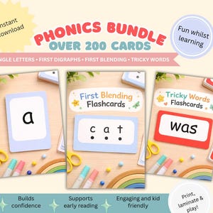 Op de afbeelding: Een fonetisch pakket met meer dan 200 kaarten, met enkele letters, digrafen, mengen en lastige woorden. De afbeelding toont flashcards met de woorden "a", "cat" en "was". Het ontwerp bevat tekst met de tekst "Direct downloaden", "Leuk tijdens het leren" en "Print, lamineer & speel!"