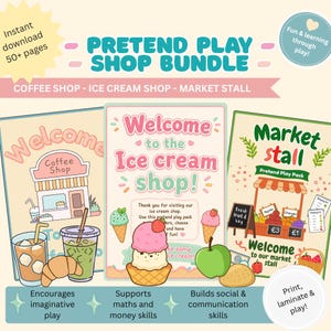 Pode incluir: Um pacote colorido de jogos de faz de conta com um tema de café, sorveteria e banca de mercado. O pacote inclui páginas imprimíveis com ilustrações de alimentos, bebidas e letreiros de lojas. Incentiva o jogo imaginativo e apoia as habilidades matemáticas.