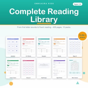 May include: A digital educational product titled Complete Reading Library by Omniaura Kids for ages 3-8. This 10-in-1 bundle contains 428 pages across 10 packs, including worksheets for alphabet, CVC words, digraphs, blends, magic-e, vowel teams, bossy r, diphthongs, sight words, and word games.