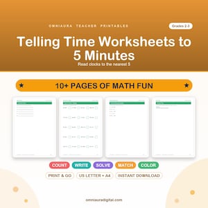 Könnte beinhalten: Ein digitales Lehrmaterial mit dem Titel Telling Time Worksheets to 5 Minutes für die Klassen 2-3. Das Dokument enthält über 10 Seiten mit Mathematikübungen, darunter Aufgaben zum Uhrzeitlesen, Additionen und fehlende Zahlenfolgen.
