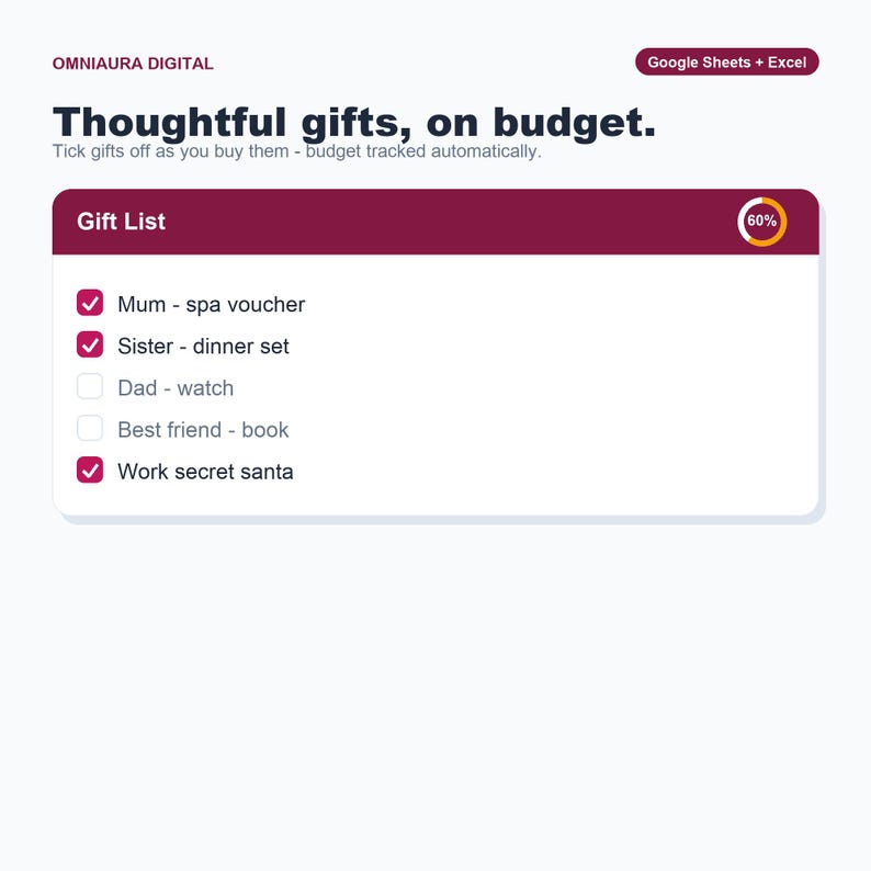 Gift Planner Spreadsheet, Budget Tracker, Holiday Organizer (Google Sheets Excel) image 1