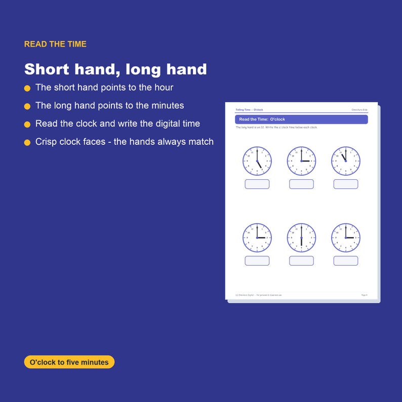 Telling Time Worksheets, Learn Clock O'Clock, Half Past, Quarter, Five Minutes (Digital Download) image 3