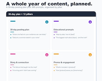 30-Day Content Plan, 365 Social Media Prompts (Digital Download)