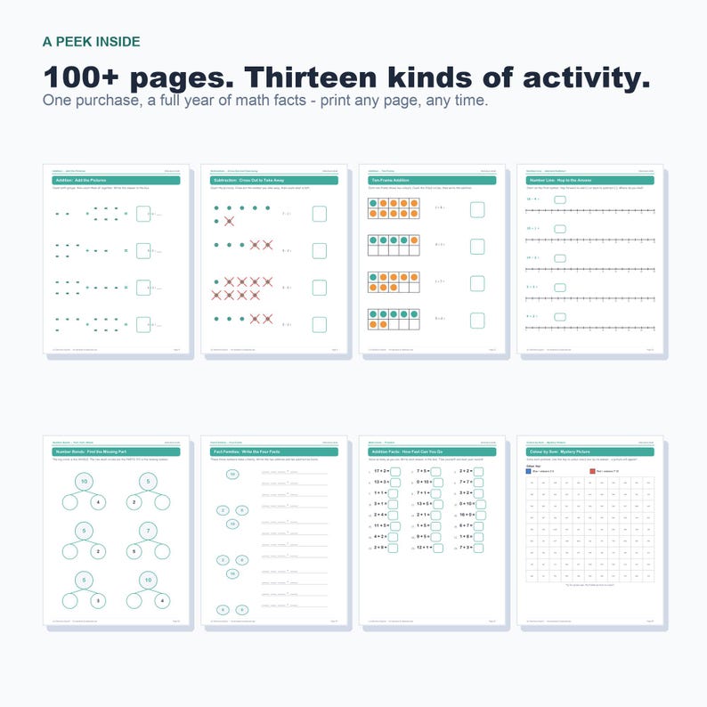 Addition Subtraction Worksheets, Math Facts to 20, Kindergarten First Grade (Digital Download) image 4