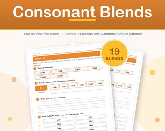 Consonant Blends Worksheets, L R S Phonics Practice (Digital Download)