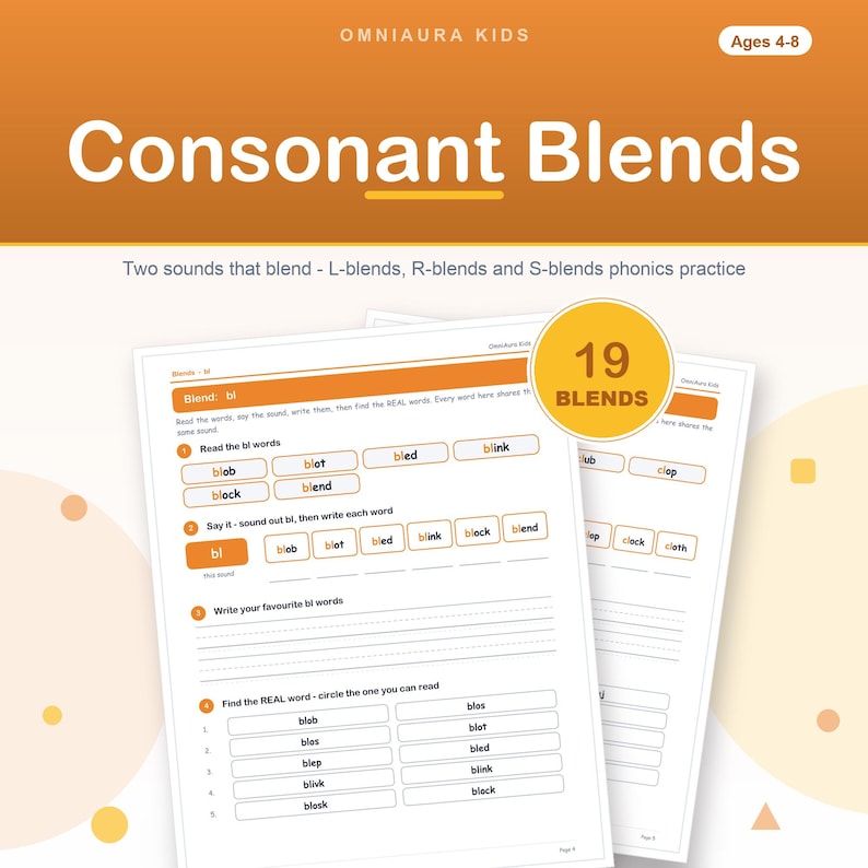 Consonant Blends Worksheets, L R S Phonics Practice (Digital Download) image 1