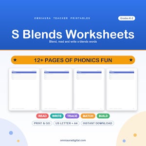 May include: A digital educational resource titled S Blends Worksheets for grades K-2, featuring 12+ pages of phonics activities. The layout includes four sample worksheet pages, colourful buttons for read, write, trace, match, build, and text indicating US letter and A4 sizes.