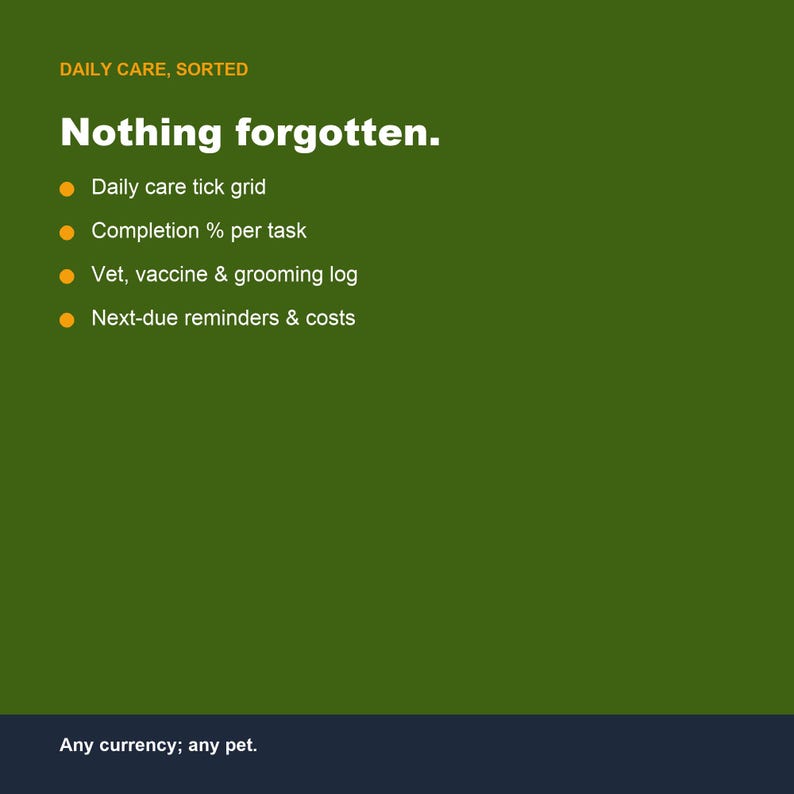 Pet Care Tracker, Daily Routine Log, Health & Costs (Google Sheets, Excel) image 3