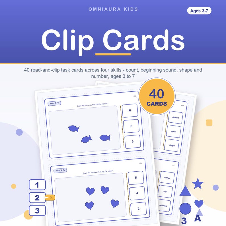 Montessori Clip Cards, 40 Count, Letter, Shape, Number Task Cards (Digital Download) image 1