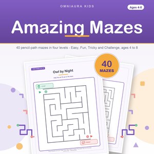 40 Printable Mazes for Kids, 4 Levels, Pencil Control Activity Pages (PDF) image 1