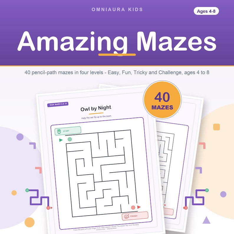 40 Printable Mazes for Kids, 4 Levels, Pencil Control Activity Pages (PDF) image 1