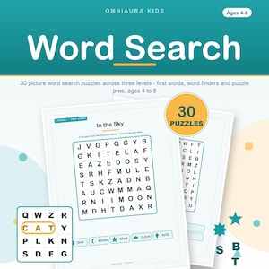 Kids Picture Word Search Puzzles, 30 Activities, Preschool Kindergarten Learning (PDF) image 1
