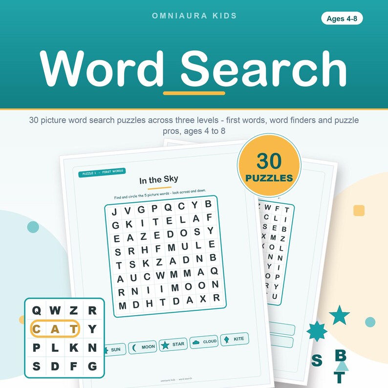 Kids Picture Word Search Puzzles, 30 Activities, Preschool Kindergarten Learning (PDF) image 1