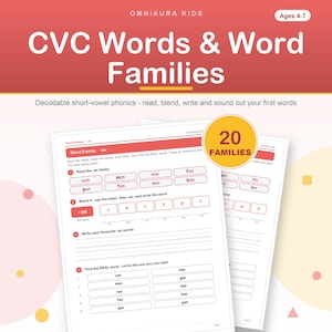 CVC Words Worksheets, Short Vowel Word Families, Decodable Phonics Reading Practice, Kindergarten Homeschool Printable, Blend and Read PDF