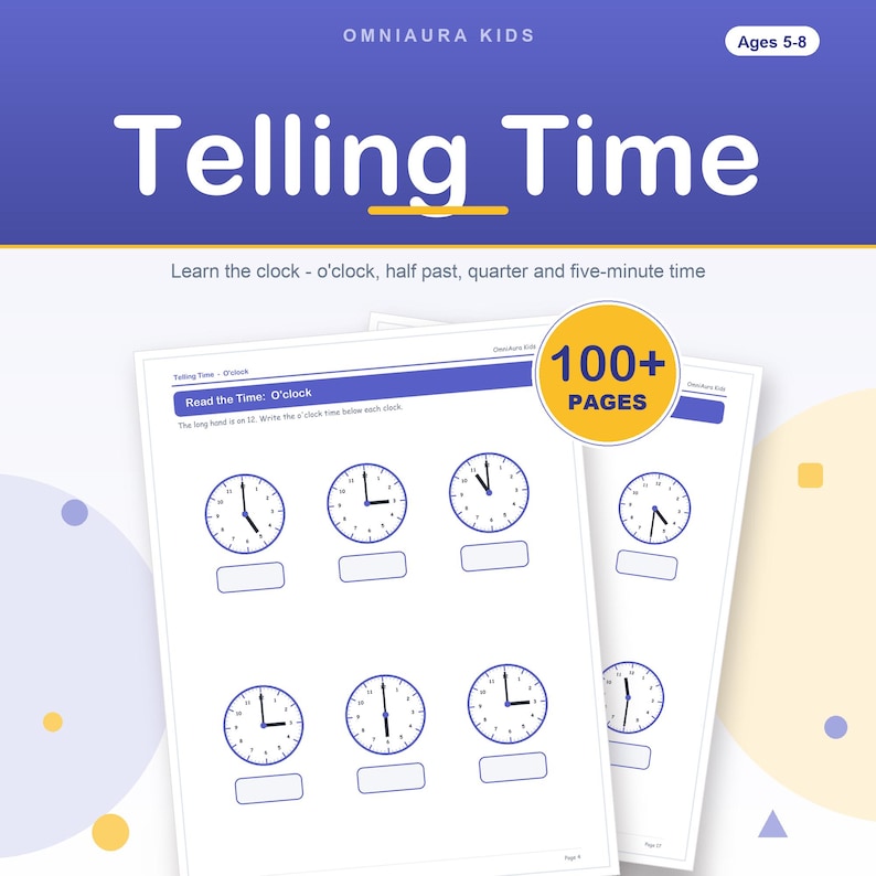 Telling Time Worksheets, Learn Clock O'Clock, Half Past, Quarter, Five Minutes (Digital Download) image 1