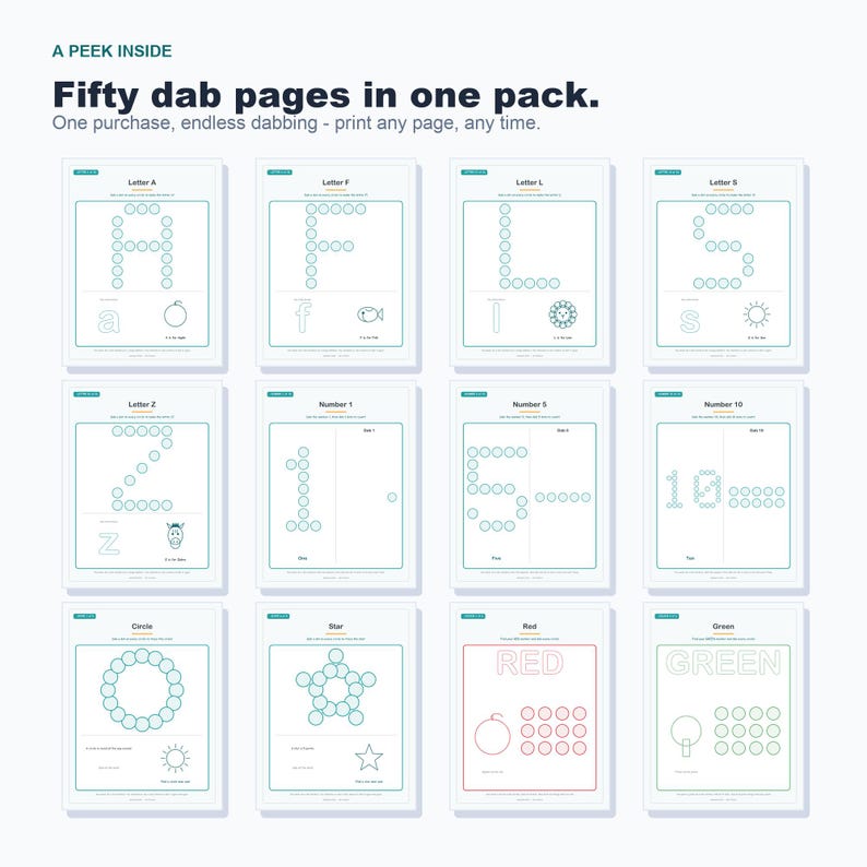 Do-A-Dot Printables, 50 Pages Alphabet, Numbers, Shapes, Colors (Digital Download) image 4