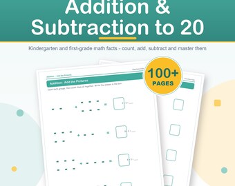 Addition Subtraction Worksheets, Math Facts to 20, Kindergarten First Grade (Digital Download)