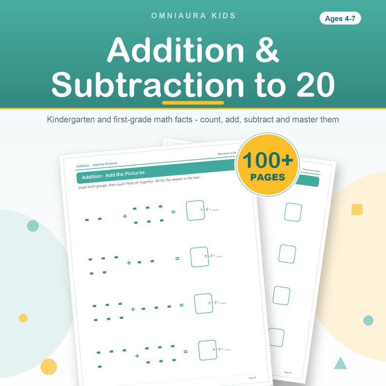 Addition Subtraction Worksheets, Math Facts to 20, Kindergarten First Grade (Digital Download) image 1