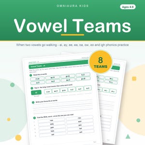 Vowel Teams Phonics Worksheets, Long Vowel Practice, First Grade Printable (Digital Download) image 1