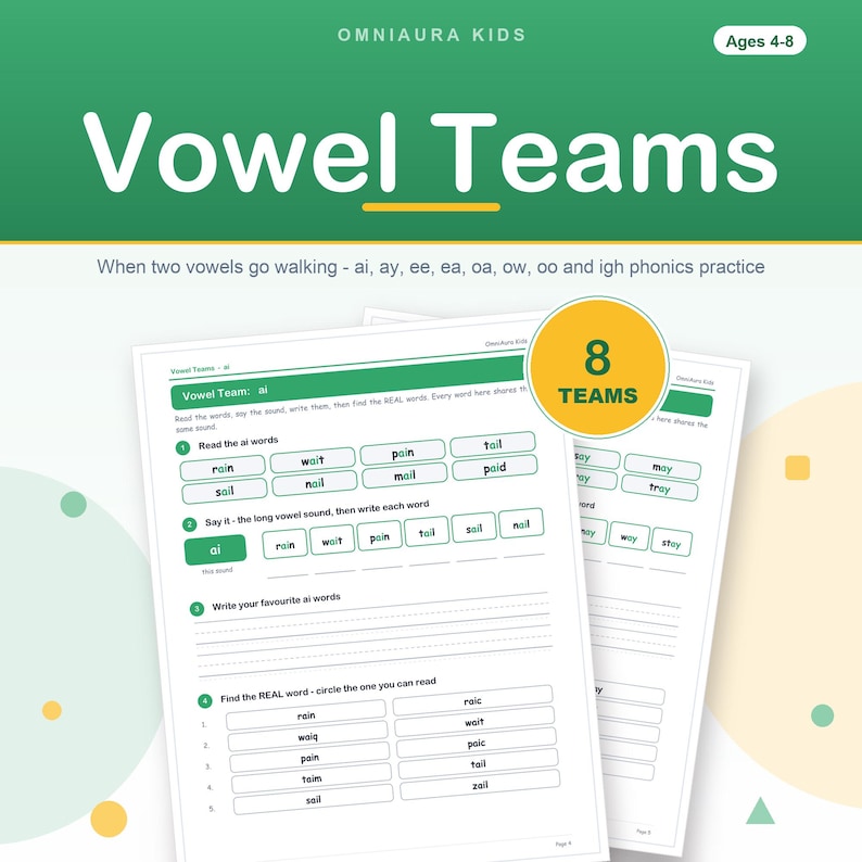 Vowel Teams Phonics Worksheets, Long Vowel Practice, First Grade Printable (Digital Download) image 1