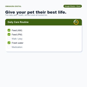 Pet Care Tracker, Daily Routine Log, Health & Costs (Google Sheets, Excel) image 1