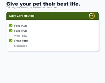 Pet Care Tracker, Daily Routine Log, Health & Costs (Google Sheets, Excel)