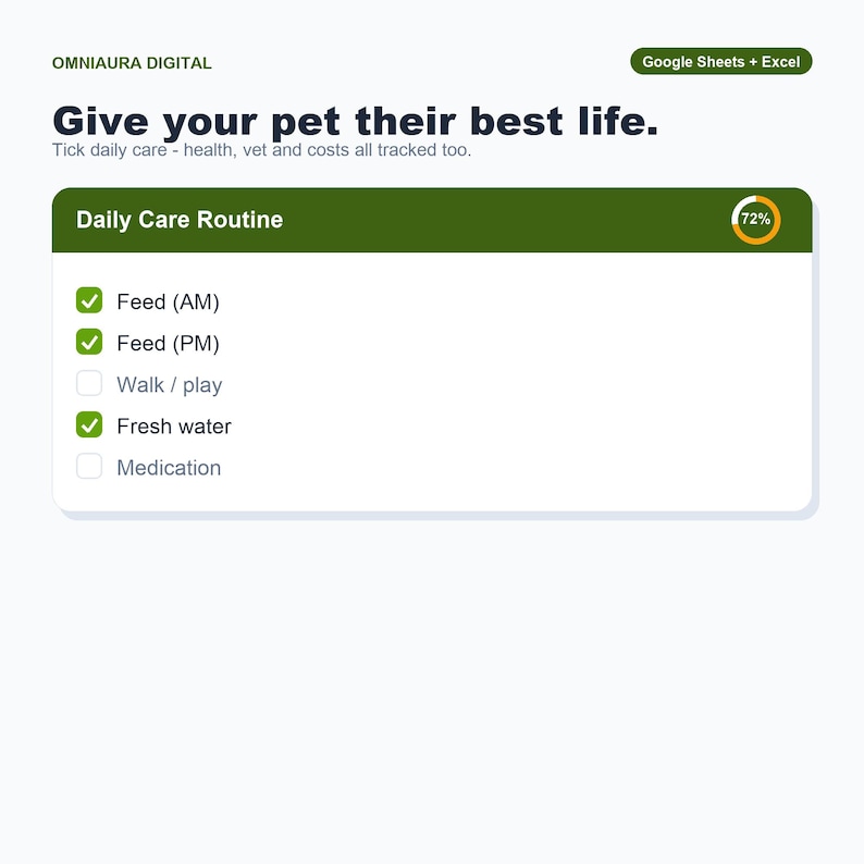 Pet Care Tracker, Daily Routine Log, Health & Costs (Google Sheets, Excel) image 1