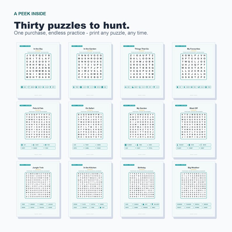 Kids Picture Word Search Puzzles, 30 Activities, Preschool Kindergarten Learning (PDF) image 4