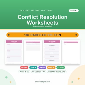 Conflict Resolution Worksheets, Problem Solving SEL Social Skills, Elementary Printables