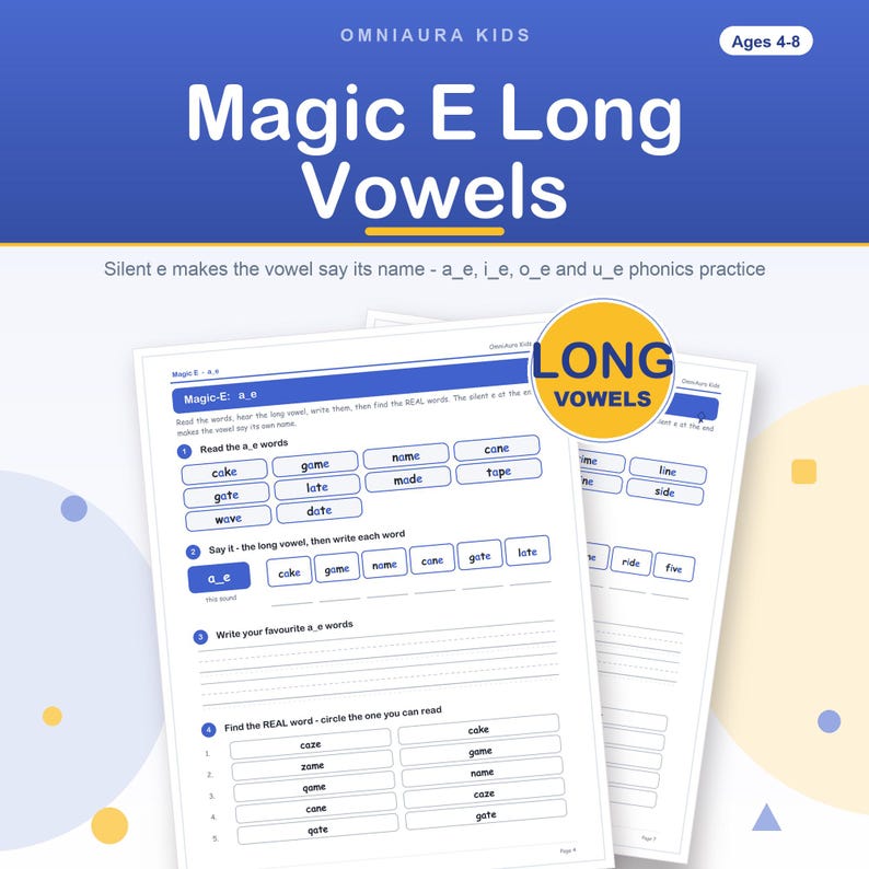 Magic E Long Vowel Phonics Worksheets, Kindergarten First Grade Printable image 1