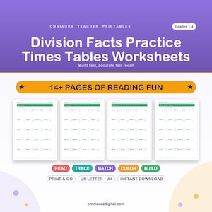 May include: A digital educational product titled Division Facts Practice Times Tables Worksheets for grades 1-4. The purple and white graphic displays 14+ pages of reading fun and includes four sample worksheets with division problems and empty boxes.