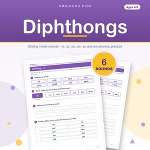 Diphthongs Phonics Worksheets, Oi Oy Ou Ow Au Aw Sounds, Science of Reading Printable image 1